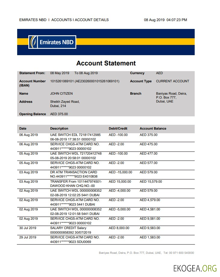 Modèle de relevé de preuve d'adresse bancaire des Émirats arabes unis Dubaï Emirates NBD au format Word et PDF